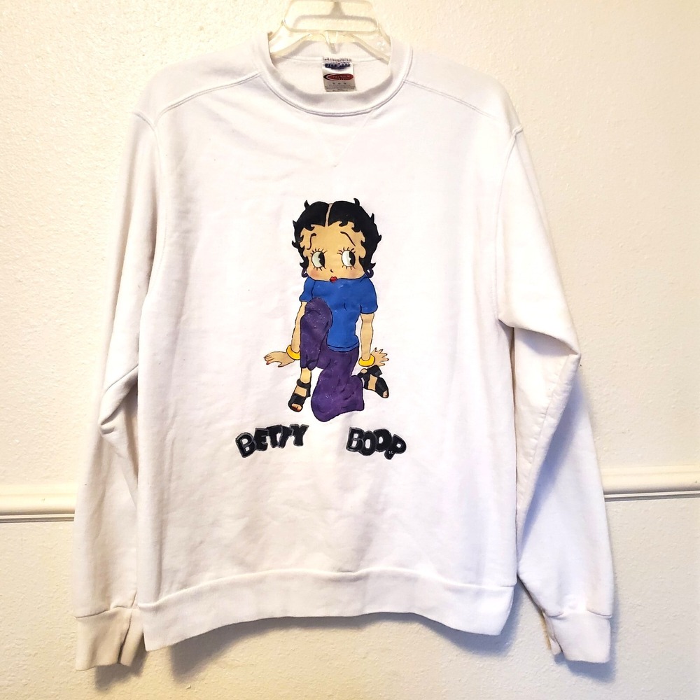 Vintage Betty Boop Crewneck Long Sleeves White Artwork Jerzees Sweater Womens M